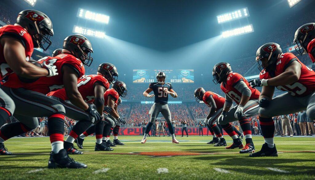 A dynamic football scene illustrating defensive coverage techniques on an NFL field. In the foreground, a group of defensive players, clad in the Tampa Bay Buccaneers' red and pewter uniforms, are strategically positioned in various coverage stances, showcasing focus and readiness. In the middle ground, the quarterback from the opposing team prepares to pass, scanning the field with intensity. The background features a vibrant stadium filled with cheering fans, adding to the atmosphere of competition. Bright stadium lights cast dramatic shadows, enhancing the players' muscular form and expressions of concentration. Capture this moment from a low-angle perspective to emphasize the height of the players and the tension of the game. The overall mood is intense and strategic, reflecting the critical nature of defensive plays and the risks of allowing explosive offensive maneuvers.