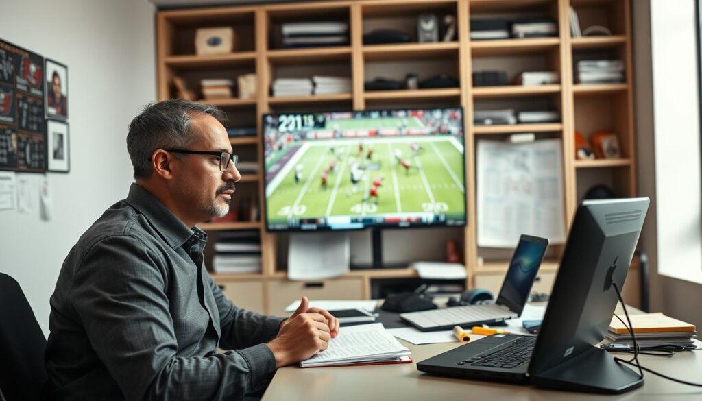 A professional film analyst sits in a modern office environment, intently reviewing game footage on a large, high-definition screen displaying critical plays from a recent Tampa Bay Buccaneers game. The foreground features the analyst, dressed in smart casual attire, with a focused expression as they take notes. In the middle ground, a cluttered desk is visible, adorned with a laptop, notepad, and sports statistics printouts. The background shows shelves filled with sports memorabilia and coaching materials, enhancing the atmosphere of a dedicated workspace. The lighting is bright yet soft, illuminating the analyst's face and highlighting the vibrant colors of the video display. The mood is one of concentration and professionalism, capturing the essence of thorough post-game analysis.