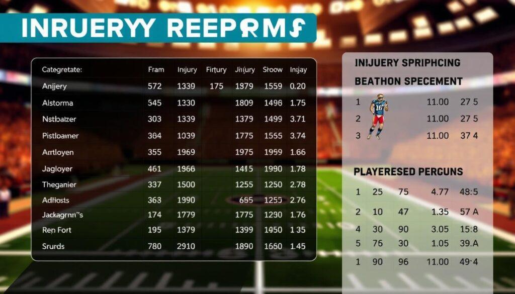 A detailed analysis graphic featuring the Jacksonville Jaguars' injury report and player snap counts. In the foreground, a large, glossy, transparent table displays categorized player statistics, highlighting injuries with visuals such as anatomical diagrams of players in uniform, symbolizing key injuries (e.g., a leg injury indication). The middle ground showcases a stylized football field layout with player icons representing snap counts, subtly integrated into the field's design. The background features a blurred stadium ambiance with warm lighting that conveys a professional yet tense atmosphere as if capturing a moment of intense analysis post-game. The overall mood is analytical and focused, with an emphasis on clarity and insight, perfect for sports analysis.