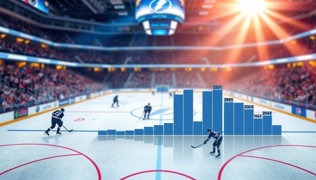 A detailed and visually engaging illustration of the Tampa Bay Lightning ice time distribution. In the foreground, include a stylized hockey rink, showcasing an overlay of player position lines and ice time statistics in a visually appealing layout. The middle layer should feature semi-transparent bars representing time-on-ice distribution, color-coded based on player roles (forwards, defensemen), with players depicted in professional hockey gear, focusing on teamwork and dynamic action. The background should exhibit a blurred audience at the arena, with vivid arena lighting casting a dynamic glow, creating an energetic atmosphere. Use a medium shot angle, emphasizing the ice surface while maintaining clarity in the statistics displayed. The overall mood should reflect the excitement and analytical nature of a post-game report.