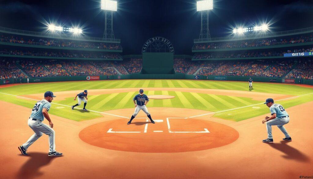 A detailed illustration of a baseball field layout focusing on defensive positioning, featuring players in action during a game. In the foreground, depict a shortstop and a second baseman, each in dynamic poses, preparing for a ground ball, wearing the Tampa Bay Rays uniforms. The middle ground should show the outfield, with the center fielder positioned strategically, observing potential fly balls. The background will feature a vibrant stadium bustling with fans, illuminated by bright floodlights, capturing the excitement of a night game. Use a wide-angle perspective to emphasize the field's layout, and create a sense of action and intensity. Soft, dramatic lighting highlights the players while maintaining a clear view of the statistics related to ground ball and fly ball ratios, represented visually by graphical overlays or charts seamlessly integrated into the scene, enhancing the atmosphere of a critical moment in a baseball game.