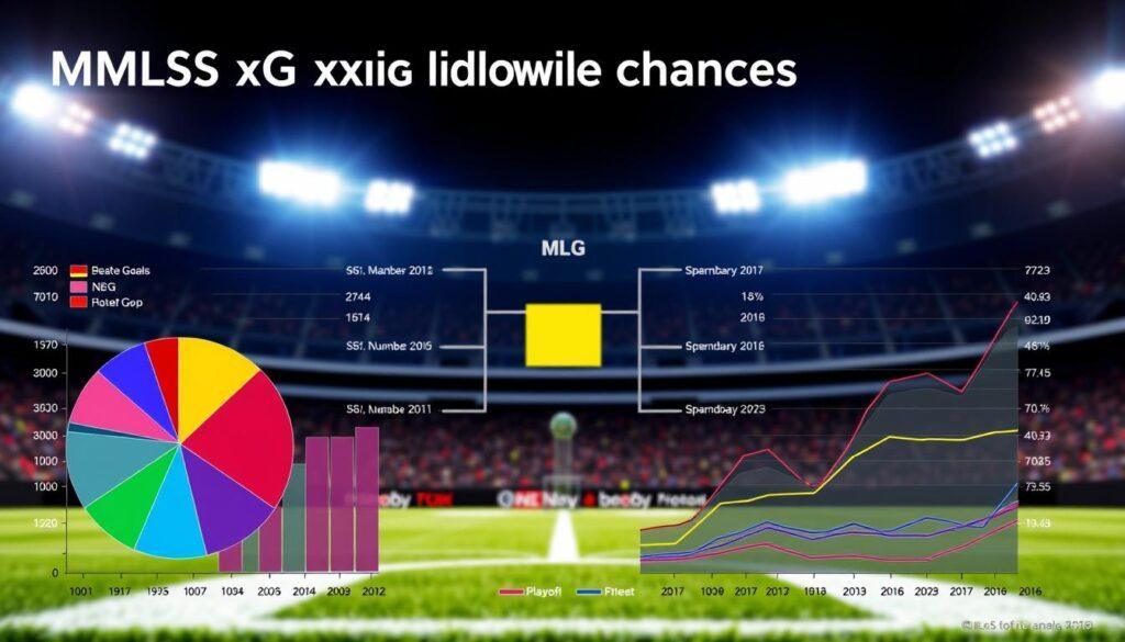 A detailed infographic illustrating "MLS xG playoff chances analysis", featuring a colorful pie chart and line graphs in the foreground, displaying various teams' expected goals (xG) metrics with vibrant colors. The middle section showcases a dynamic soccer pitch background with a stylized representation of playoff brackets, navigating potential match outcomes. Bright, professional lighting enhances the visual clarity, while a shallow depth of field blurs the soccer pitch details slightly, drawing focus to the charts. The atmosphere should be analytical yet engaging, embodying a sense of urgency and excitement for upcoming matches. The overall composition should be clean, modern, and suitable for a sports analysis article without any text or logos.