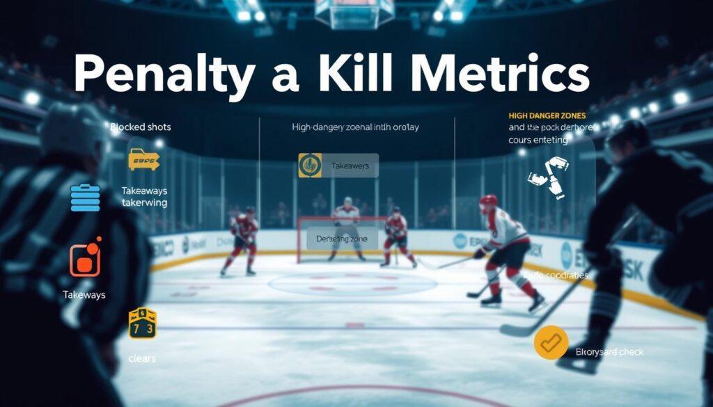 A detailed infographic illustrating "penalty kill metrics" in hockey, emphasizing physicality and puck management. In the foreground, display stylized icons representing key metrics like blocked shots, takeaways, and clears, all rendered in dynamic colors. The middle ground features a transparent overlay of a hockey rink, with highlighted areas indicating high-danger zones where penalties occur. In the background, softly blurred figures of players in professional hockey uniforms engaging in defensive plays, conveying action and intensity. Use dramatic lighting to highlight the metrics while maintaining a cool, analytical atmosphere, showcasing a sense of focus and professionalism. The overall composition should reflect clarity and precision, suitable for a sports analysis article.