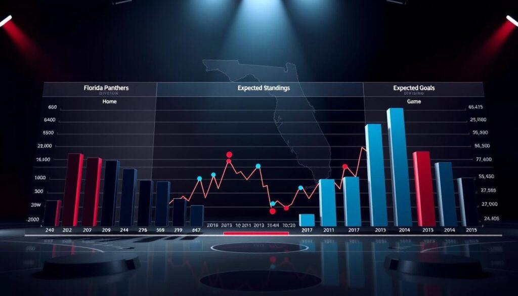 A detailed visual analysis of Florida Panthers division standings, featuring an array of dynamic graphs and charts. In the foreground, crisp bar graphs depict home and away performance, showcasing win-loss records. The middle ground includes a visually striking line graph that tracks expected goals over time, enhanced with color-coded markers for each game. The background displays a subtle outline of the Florida state map, emphasizing the geographic context. Dramatic yet professional lighting highlights the data, creating a sense of urgency and focus. The atmosphere is analytical, promoting a sense of sport and competition, while maintaining a sleek, modern design aesthetic ideal for a sports article. Use a wide-angle perspective to capture the entirety of the graphical elements, ensuring clarity and impact for viewers.