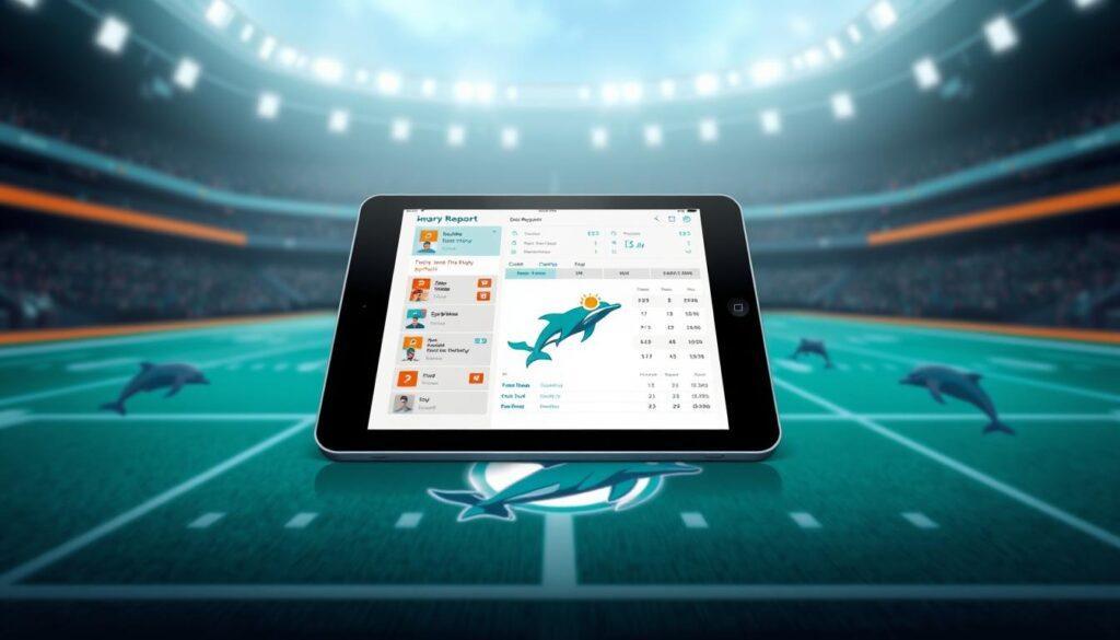 A digitally illustrated report displaying the Miami Dolphins injury report, presented on a sleek, modern tablet device. In the foreground, the tablet screen shows detailed graphics such as player icons with color-coded health statuses, injury timelines, and snap counts. The middle ground features a blurred football field with the Dolphins’ logo, evoking the intensity of a game atmosphere. In the background, subtle silhouettes of dolphins can be discerned swimming gracefully, symbolizing resilience. The image is illuminated with soft, ambient lighting to create a professional yet dynamic mood, capturing the essence of sports analysis. The composition uses a wide-angle lens effect, emphasizing the tablet and its information while retaining focus on the distant field.