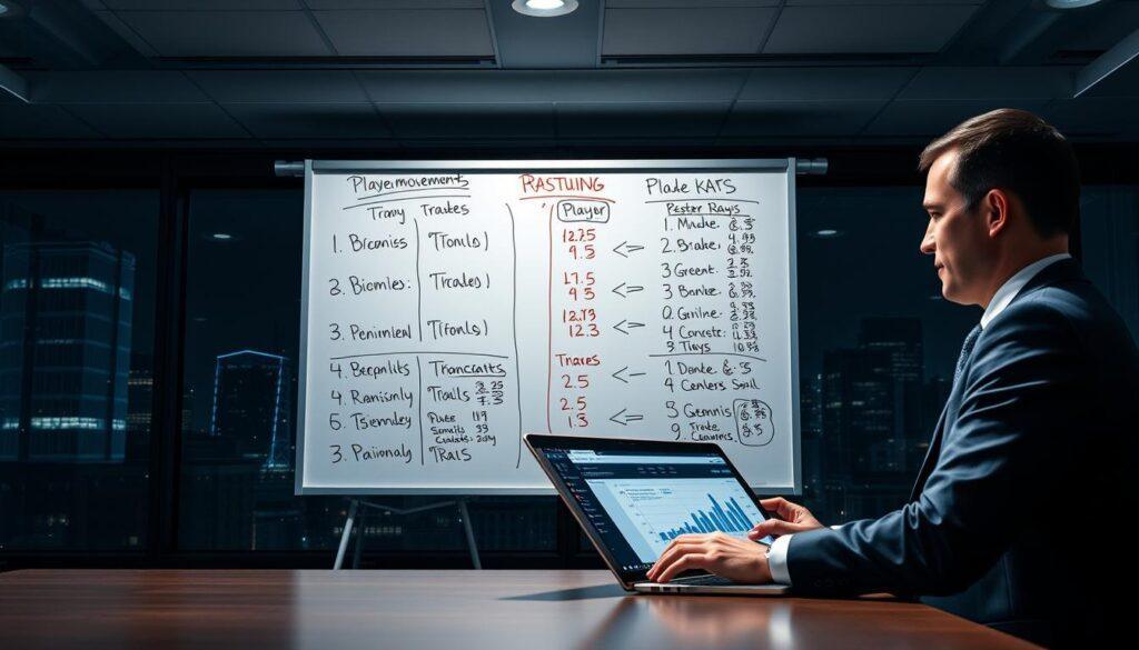 A dynamic and analytical scene depicting a detailed MLB roster transactions analysis focused on the Tampa Bay Rays. In the foreground, a professional analyst in business attire is examining player data on a sleek laptop, with charts and statistics visible on the screen. In the middle ground, a large whiteboard filled with player movement graphics, arrows indicating trades, and roster adjustments, highlighting the strategic nature of the transactions. The background showcases dimly lit office space with large windows revealing a night skyline, creating a focused yet lively atmosphere. Soft overhead lighting casts gentle shadows, emphasizing the seriousness of analytics. The mood is professional and engaging, meant to convey the importance of roster management in baseball.