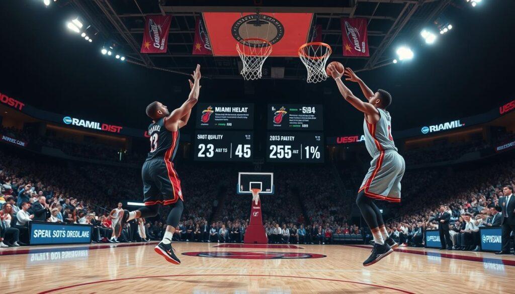 A dynamic basketball court scene illustrating the concept of effective field goal percentage. In the foreground, two players in professional sports attire are engaged in a fast-paced shot, showcasing one attempting a jump shot while the other plays defense. In the middle ground, a digital display board presents key statistics about shot quality, percentages, and player performance metrics. The background features a cheering crowd, with the Miami Heat colors subtly illuminating the arena. The lighting is bright and focused on the players, creating a high-energy atmosphere that embodies the excitement of the game. The angle captures both the action and the analytical aspect, with lenses emphasizing depth and clarity around the players and stats, creating a motivational mood reflecting teamwork and competition.