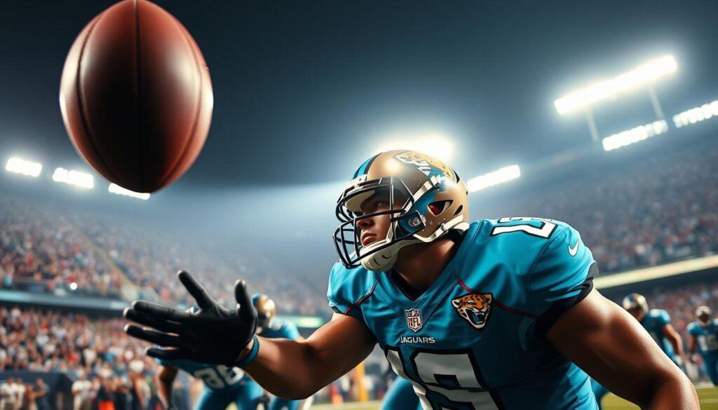 A dynamic depiction of the Jacksonville Jaguars' special teams in action, showcasing a thrilling moment during a game. In the foreground, a fearless Jaguars player prepares to receive a high punt, his focused expression revealing the intensity of the moment. The middle layer features teammates poised for strategic support, wearing vibrant blue and teal uniforms with the Jaguars logo prominently displayed. The background captures the stadium filled with enthusiastic fans, their energy palpable under the bright floodlights illuminating the scene. The lighting casts dramatic shadows, emphasizing the player’s determination. The camera angle is low and slightly tilted, creating a sense of action and momentum. The overall atmosphere is electric, reflecting the excitement of special teams play that can swing the game's outcome.