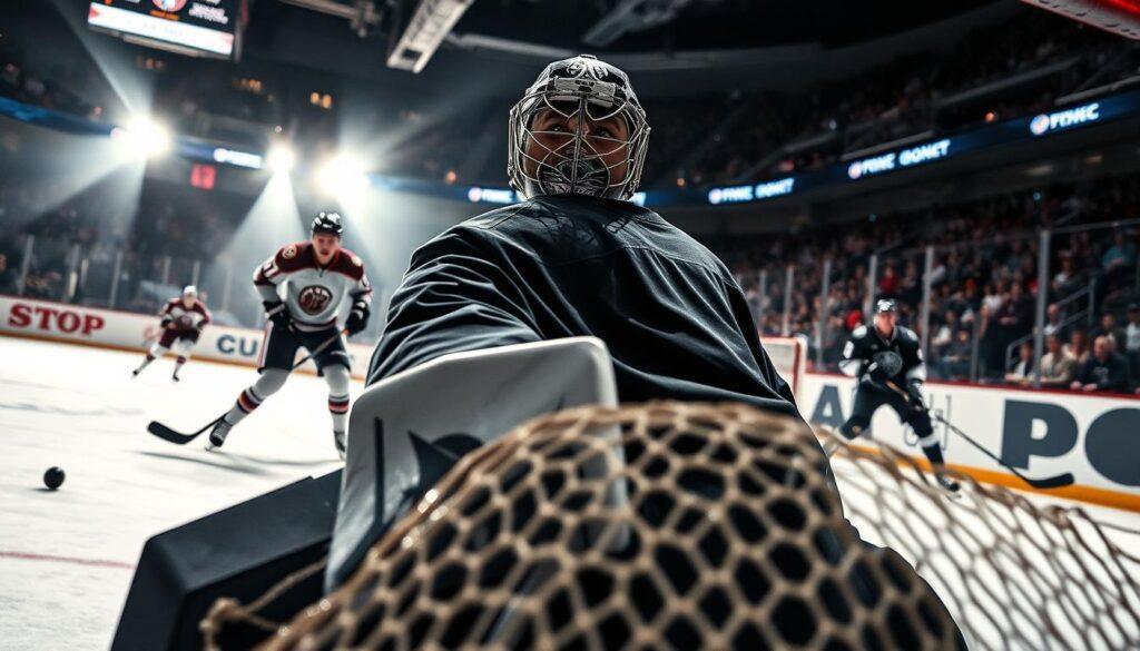 A dynamic scene capturing an elite goalie in action during a high-stakes hockey game. In the foreground, the goalie, clad in a sleek, professional uniform, expertly positions himself, his focused expression highlighting determination and skill. The middle ground features intense net-front battles between players, with one skater attempting to redirect a puck while others jostle for position. The background shows a blurred yet vibrant arena filled with cheering fans, enhancing the atmosphere of excitement. Dramatic lighting casts sharp shadows and highlights across the rink, emphasizing the movement and tension of the moment. A low-angle perspective adds to the intensity of the scene, making the viewer feel as if they are part of the live action. The overall mood is electric, showcasing the mastery of goaltending performance and rebound control.