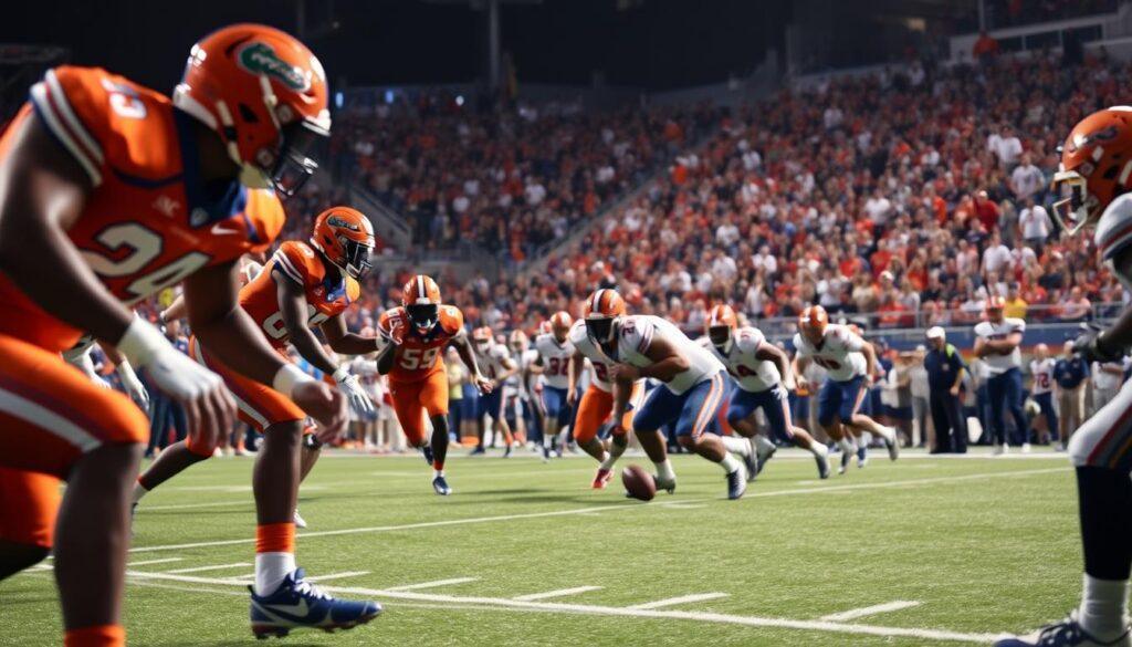 A dynamic scene of a football special teams breakdown during a game, focused on players executing a kickoff return. In the foreground, an athlete in a Florida Gators uniform, with clear team colors of orange and blue, demonstrates proper positioning and technique. In the middle, a group of teammates engages in blocking strategies, showcasing determination and focus, while an opposing player rushes towards them. In the background, a blurred stadium filled with cheering fans under bright floodlights creates an electrifying atmosphere. The shot is captured from a low angle, emphasizing the action and the intensity of the moment, with a slight lens flare to enhance the excitement of this crucial play, illustrating hidden yardage and momentum.