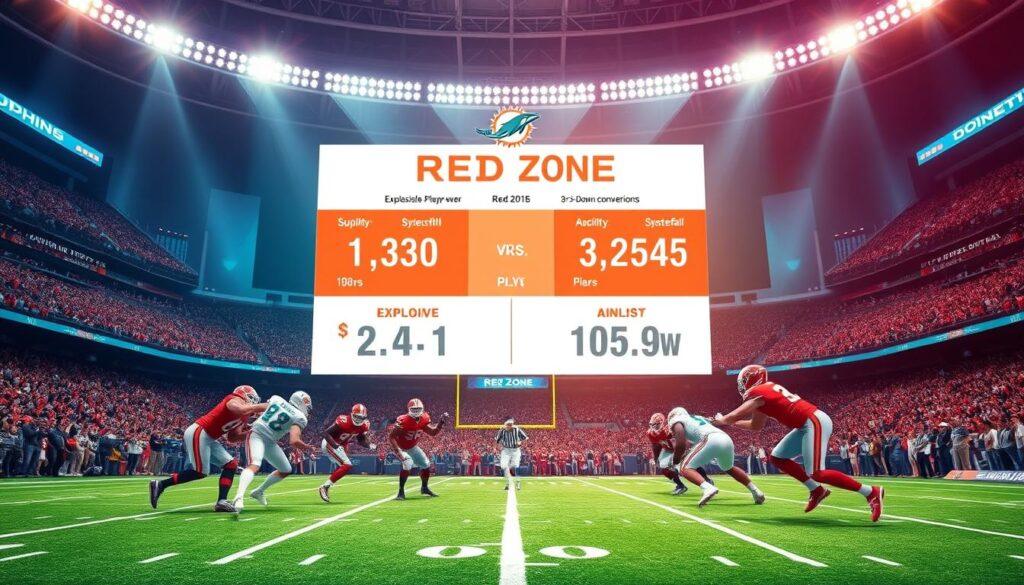 A visually striking analysis of the Miami Dolphins' red zone performance, featuring a detailed football field layout in vibrant colors. In the foreground, show players in professional football gear executing strategic plays, emphasizing teamwork and focus. The middle section depicts a digital scoreboard showcasing red-zone statistics, with graphical elements illustrating explosive plays and successful third-down conversions. The background includes a packed stadium with fans cheering passionately, providing an electrifying atmosphere. The lighting is bright and dynamic, capturing the intensity of the game, while the angle is slightly elevated to give a comprehensive view of the action. The image conveys a sense of excitement and analysis, perfect for a sports breakdown featuring strategic insights and performance metrics.