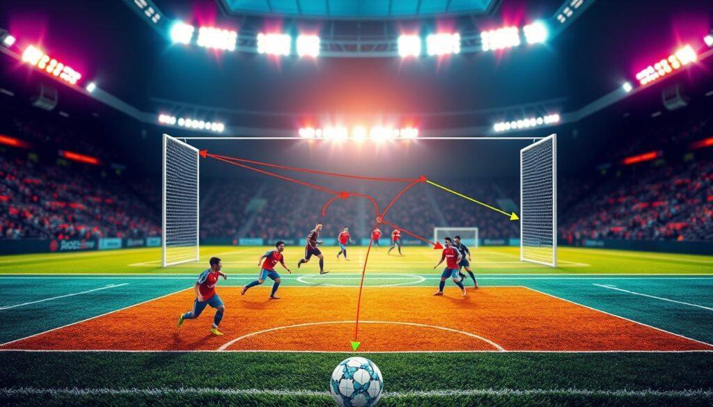 A visually striking analysis scene depicting final-third entries in soccer. In the foreground, a detailed digital diagram showing player movements, trajectories, and entry points into the opponent's box, rendered in bright, contrasting colors for clarity. The middle layer features a contextual soccer field illustration with players in professional athletic attire, dynamically positioned around the box, in action poses as they interact with the ball. The background captures a blurred stadium atmosphere, illuminated by vibrant floodlights, enhancing the focus on the analysis. The overall mood is analytical yet engaging, showcasing the strategic importance of final-third actions in soccer matches. Use a cinematic lens angle to create depth, ensuring the entire composition is vivid, professional, and impactful, with no text or overlays present.