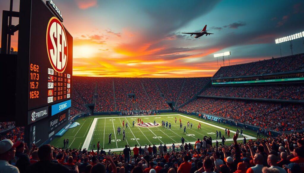 The image depicts an intense and dramatic football scenario illustrating the impact of SEC standings on bowl odds. In the foreground, a scoreboard shows fluctuating scores, with a prominent SEC logo. The middle ground features a crowded stadium with fans in vibrant orange and blue, cheering passionately. Distantly, players in professional athletic gear strategize on the field, showcasing teamwork and determination. The background captures a vivid sunset sky, with a stadium filled to the brim, radiating energy and excitement. The scene is illuminated by stadium lights, creating a dynamic contrast between shadows and bright areas. The atmosphere conveys a sense of urgency and anticipation as teams vie for bowl eligibility. The angle is slightly tilted, adding a dramatic effect, while maintaining a clear focus on the scoreboard's significance in the SEC standings.