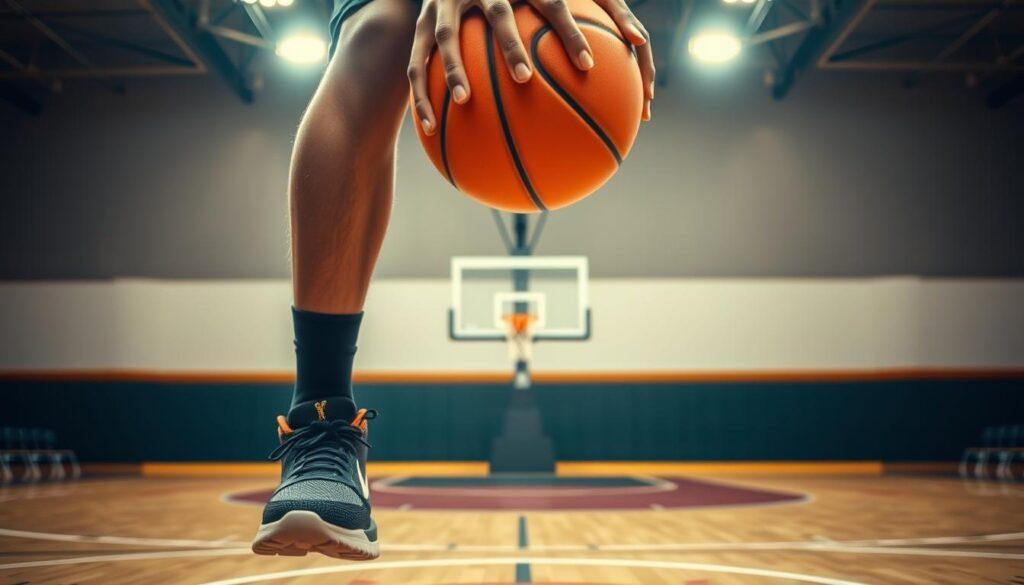 A basketball player in action, demonstrating precise shooting mechanics on a well-lit indoor court. The foreground features a close-up of the player mid-release, showcasing perfect hand placement on the ball, with attention to finger positioning and wrist angle. The middle ground captures a detailed view of the player's feet, displaying proper footwork and balance in athletic shoes. The background features a blurred basketball hoop, with subtle details of the court's design, like markings and benches, enhancing the scene's authenticity. Utilize bright, focused lighting from above to emphasize the player's form, and a slight angle that captures both the player and the hoop in perspective, creating a dynamic and motivating atmosphere. The overall mood is focused and inspiring, showcasing the art of shooting in basketball.
