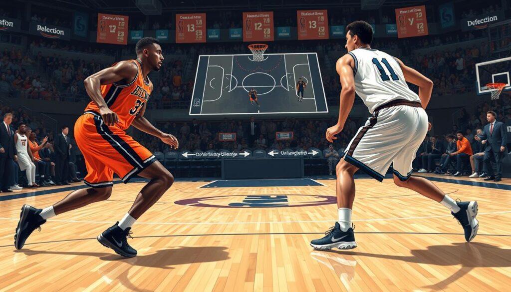 A detailed and dynamic illustration of basketball defense strategies on a court during a competitive game. In the foreground, depict two players wearing professional basketball uniforms, one defending the other with an intense focus on their movements and positioning. In the middle ground, illustrate various defensive formations and strategies, such as zone defense, man-to-man coverage, and switches, represented by arrows and shaded areas. The background features a crowded gym with cheering fans, highlighting the competitive atmosphere. Use dramatic lighting to emphasize the players' athleticism, casting shadows to create depth. Capture the scene from a low angle, enhancing the urgency and action of the game. The overall mood should convey tension and strategic intensity, making it clear that this is a critical moment in the game.