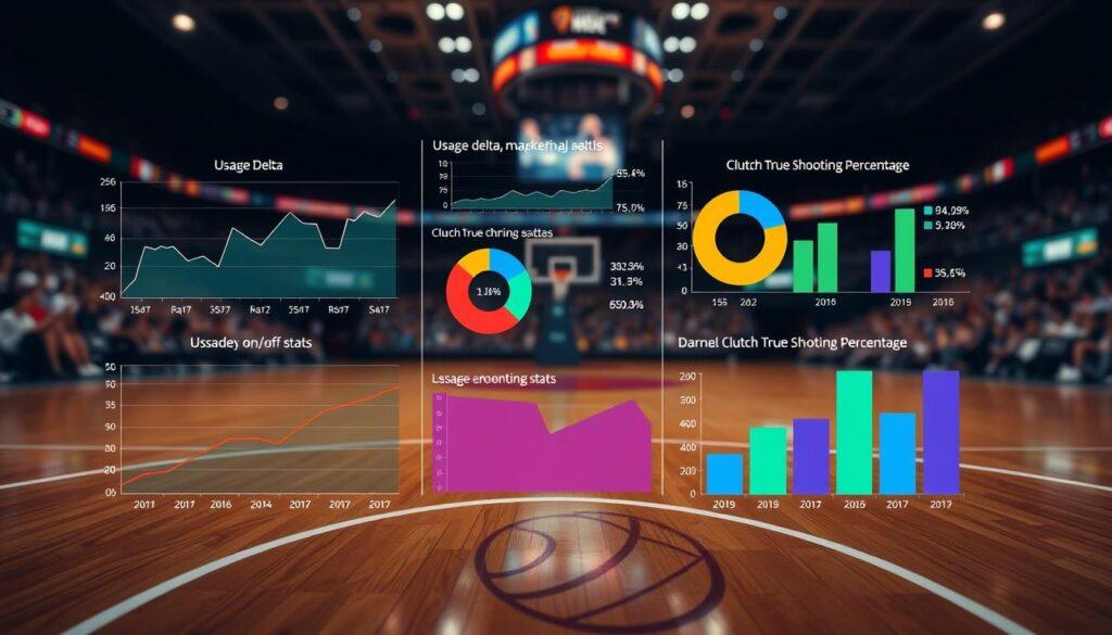 A digital collage of basketball analytics metrics, showcasing various graphs and charts representing usage delta, on/off stats, and clutch true shooting percentage. Foreground features a stylized basketball court with highlighted lines showing key performance metrics. In the middle, vibrant data visualizations, including pie charts and bar graphs, display comparative statistics with bright colors and clear labels. The background displays a blurred gymnasium filled with spectators, adding depth and context. The ambient lighting is bright, simulating an exciting game night atmosphere. The composition should evoke a sense of professionalism and analytical focus, emphasizing the importance of data in sports. The image should be free of any text, ensuring a clean and informative visual representation.