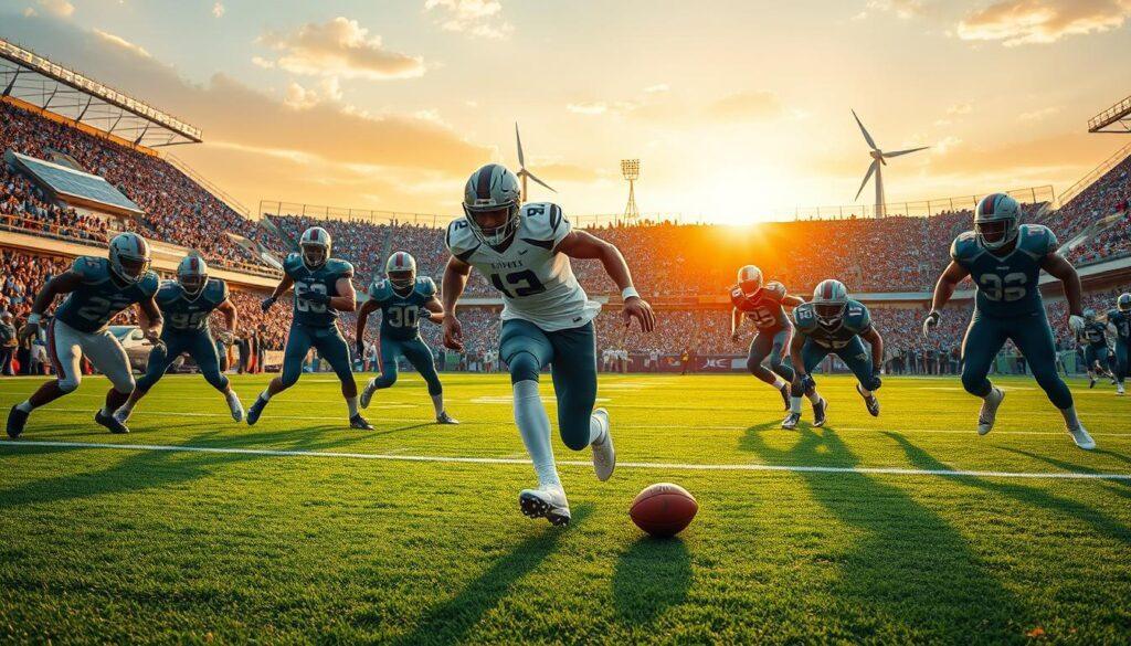 A dramatic scene depicting a football player in a vibrant, action-packed moment, showcasing a clash between sustainability and elite defenses. In the foreground, the player, clad in a sleek, modern uniform, skillfully maneuvers while dribbling a football, with a look of determination on their face. Surrounding them, defenders in contrasting colors, symbolizing top-25 defenses, are poised and aggressive, reflecting their elite status. In the middle ground, the field is lush and green, dotted with eco-friendly elements like solar panels and wind turbines, emphasizing sustainability. The background features a stadium filled with cheering fans, under a bright sunset sky that casts warm, golden lighting on the scene. The overall mood is intense yet hopeful, capturing the struggle for victory within a sustainable future.