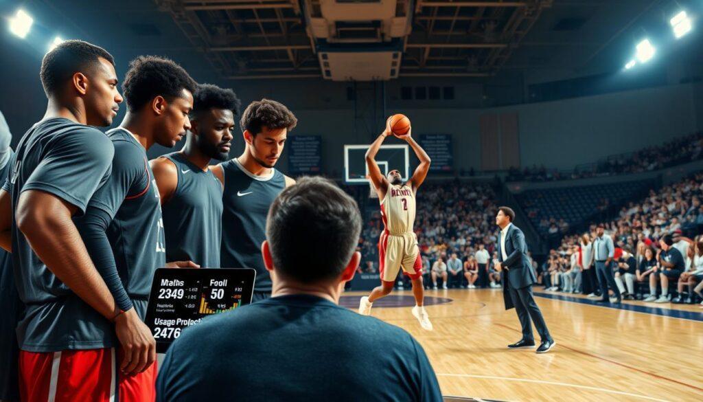 A dynamic basketball court scene illustrating the concept of "minutes projection risks." In the foreground, a diverse group of athletes in professional sports attire are engaged in a tense huddle, analyzing digital statistics displayed on a tablet, showcasing health metrics, foul records, and usage projections. In the middle ground, a player is depicted in mid-action, taking a shot with intensity, while a coach nervously watches from the sidelines, indicating the pressure of managing player minutes and health. The background features a packed gymnasium with cheering fans, bright overhead lights casting dramatic shadows, creating an electric atmosphere. The angle should be slightly elevated to capture both the athletes' expressions and the interconnectedness of the data with their decisions, conveying a sense of urgency and strategy in the world of competitive basketball.