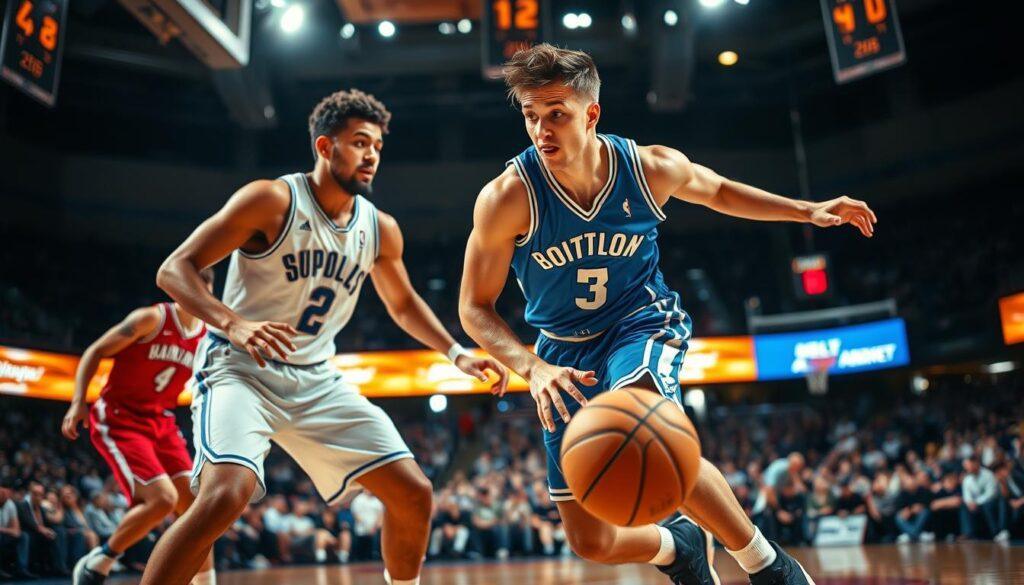 A dynamic basketball scene depicting a pick-and-roll execution on a court, with two players in motion. In the foreground, a male player in a blue jersey uses a solid screen set by a teammate in a white jersey. Their expressions show focus and determination. The middle ground captures the tension as a defender in a red jersey attempts to navigate around the screen. In the background, the crowd is blurred but indicates an intense game atmosphere, with arena lights shining down creating a vibrant, kinetic energy. The angle is slightly low to emphasize the action, while a wide lens captures the movement. The mood is high-stakes and electrifying, reflecting the urgency of the play.