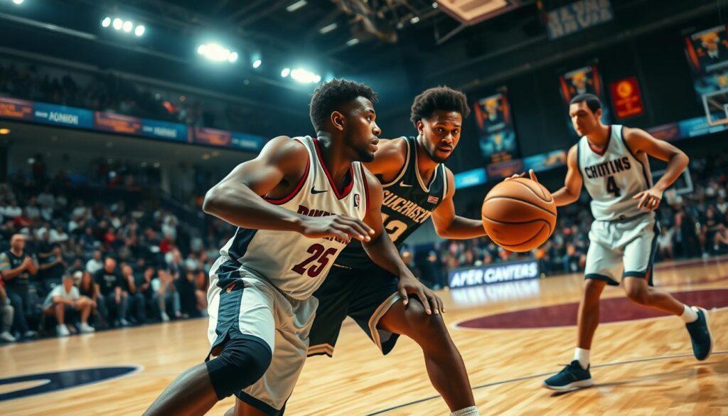 A dynamic basketball scene focusing on an intense on-ball defender applying pressure during a game. In the foreground, a player in a professional athletic jersey, showcasing determination and focus, is closely guarding an opponent while demonstrating quick footwork and defensive stance. The middle ground features the opposing player, dribbling a basketball, showing intensity as they maneuver. In the background, a gym packed with cheering fans and bright arena lights creates a vibrant atmosphere. The lighting highlights the players, casting shadows on the polished wooden court. The shot is taken from a low angle to emphasize the action and intensity of the moment. The overall mood conveys competitiveness and skill in the sport of basketball.