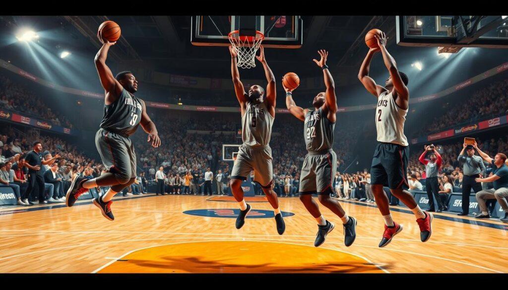 A dynamic basketball scene showcasing modern big men exhibiting impressive skills on the court. In the foreground, three tall athletes, wearing modest athletic wear, are skillfully dribbling the ball and executing powerful slam dunks. One player leaps into the air for a dunk, showcasing strength and agility, while another demonstrates ball-handling finesse with a quick crossover. The middle ground features a vibrant basketball court with bright lines and markings, surrounded by cheering fans in the stands, capturing the excitement of the game. In the background, a professional arena setting is illuminated with dramatic spotlighting, enhancing the intensity of the moment. The atmosphere conveys energy and anticipation, celebrating the prowess of today's towering basketball talents.