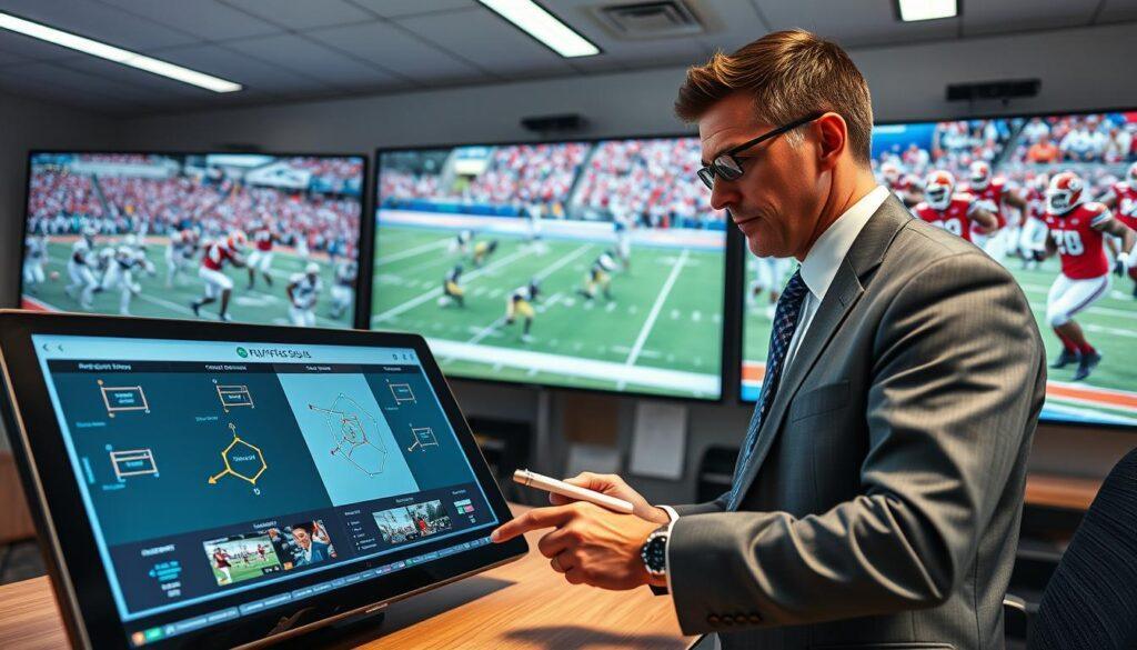A dynamic film breakdown scene in a bright, high-tech sports analysis room. In the foreground, a sleek touchscreen display showcases detailed play diagrams and video clips of six standout football plays, highlighted for scouts. The middle features a focused, professional scout in business attire, intently analyzing the footage, jotting down notes, and pointing towards the screen. The background displays large LED screens with action shots of Florida football players in motion, surrounded by strategy boards and sports paraphernalia. The lighting is bright yet focused, creating an analytical atmosphere with a hint of excitement. The camera angle is slightly tilted, drawing attention to the scout while keeping the screens in sharp focus, suggesting a deep dive into player performance. A dynamic film breakdown scene in a bright, high-tech sports analysis room. In the foreground, a sleek touchscreen display showcases detailed play diagrams and video clips of six standout football plays, highlighted for scouts. The middle features a focused, professional scout in business attire, intently analyzing the footage, jotting down notes, and pointing towards the screen. The background displays large LED screens with action shots of Florida football players in motion, surrounded by strategy boards and sports paraphernalia. The lighting is bright yet focused, creating an analytical atmosphere with a hint of excitement. The camera angle is slightly tilted, drawing attention to the scout while keeping the screens in sharp focus, suggesting a deep dive into player performance.