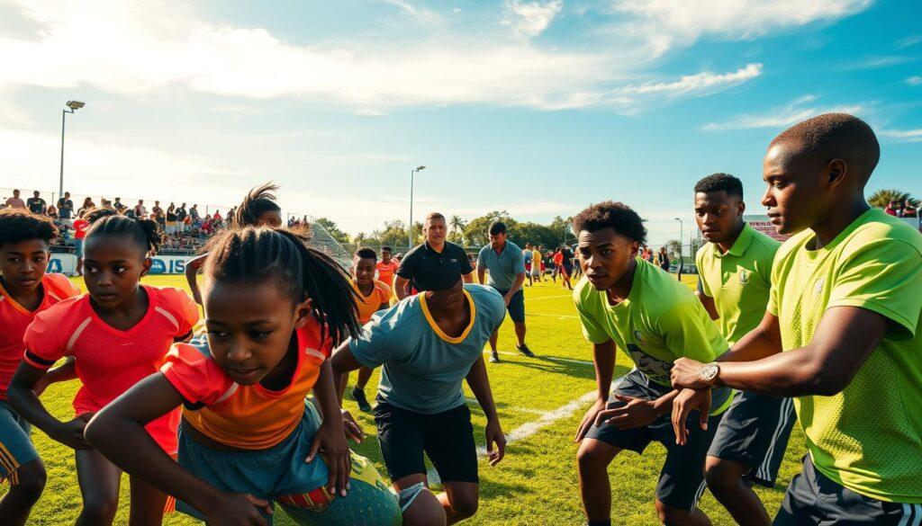 A dynamic scene showcasing an AAU football competition in South Florida. In the foreground, a diverse group of young athletes in bright, modern athletic wear engages in intense drills, sweat glistening on their foreheads, showcasing their determination. In the middle ground, coaches in polo shirts enthusiastically provide guidance, their expressions focused and motivated. The background features a lush green field beneath a brilliant blue sky, with spectators enthusiastically cheering from the sidelines, capturing the energy of the event. The golden sunlight casts dynamic shadows across the field, enhancing the vibrant colors. The angle is slightly elevated, providing an expansive view of the training and competition, evoking a sense of urgency and excitement within the community.