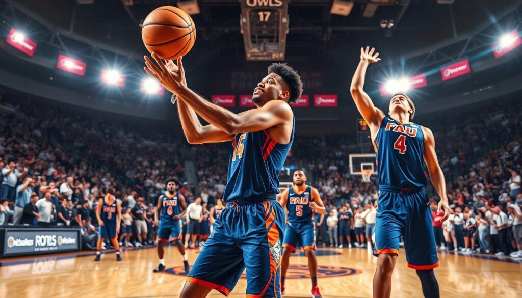 A dynamic scene showcasing several FAU Owls basketball players in action on a vibrant, well-lit court, highlighting their athleticism and team synergy. In the foreground, two standout players are executing a crisp pass and receiving a shot, wearing their blue and orange team jerseys, with sweat glistening under the arena lights. In the middle ground, teammates are positioned strategically, emphasizing collaboration and movement, while a cheering crowd in the background creates an electrifying atmosphere. The image is captured from a low angle to enhance the players' stature, with a lens flare effect emphasizing the intensity of the moment. The overall mood reflects excitement and determination, encapsulating the spirit of breakout candidates ready to shine on the court.