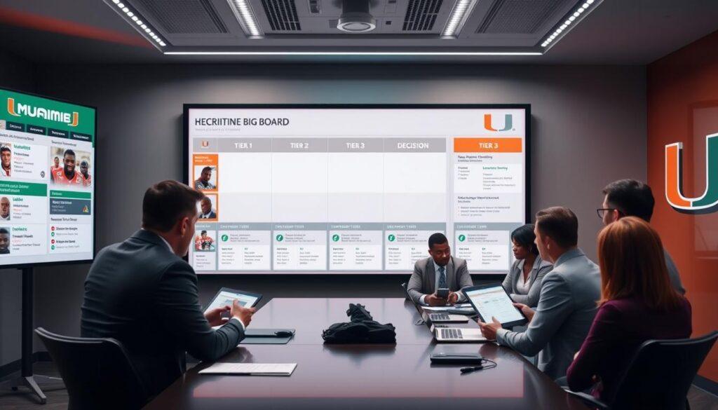 A dynamic sports strategy meeting set in a modern conference room, emphasizing the Miami Hurricanes recruiting big board. In the foreground, a large digital display board showcases player images and categories labeled "Tier 1", "Tier 2", and "Tier 3" with decision timelines. In the middle ground, a group of diverse, professional individuals in business attire are engaged in intense discussion, analyzing player stats on tablets and laptops. The background features Miami-themed decor, including the university logo and colors, subtly integrated into the room's design. Soft LED lighting creates a focused atmosphere, with a slight halo effect around the display board to draw attention. The overall mood is collaborative and strategic, highlighting the urgency and excitement of college football recruiting.