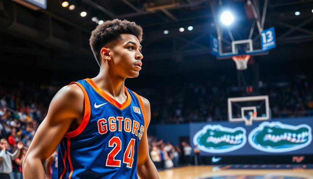 A spotlighted UF Gators basketball player in action, showcasing an intense moment during a game. In the foreground, the player is in a dynamic pose, wearing the team’s iconic blue and orange jersey, displaying focused determination. The middle ground includes a blurred crowd of excited fans, their cheers echoing with school spirit. In the background, the well-lit basketball court features the Gators' logo prominently. The lighting is dramatic, with spotlights illuminating the player, creating shadows that enhance the action. Captured from a low angle with a shallow depth of field, the scene conveys a vibrant, energetic atmosphere, emphasizing the rising star's talent and potential. The image should be free of text, signatures, or any overlays.