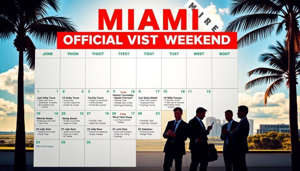 A vibrant Miami Hurricanes-themed calendar layout, emphasizing an Official Visit Weekend. In the foreground, a neatly designed calendar with bright colors representing the team's signature green and orange. Each day block showcases icons for various recruiting activities, like facility tours, meetings with coaches, and campus explorations. The middle ground features silhouettes of young recruits in professional attire, discussing strategies and jotting down notes, visibly engaged in their future. In the background, an iconic Miami landscape, including palm trees and a sunny blue sky, sets an energetic atmosphere. Soft, warm lighting casts a welcoming glow on the scene, accentuating the excitement of the recruiting process. The image composition should exude enthusiasm and professionalism, celebrating the Miami Hurricanes spirit.