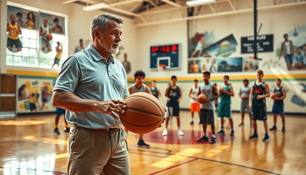 A vibrant South Florida basketball training session unfolds in a sunlit high school gymnasium. In the foreground, a focused coach, wearing a polo shirt and khaki shorts, actively demonstrates dribbling techniques to a diverse group of high school athletes in modest athletic apparel. The middle ground features young players practicing their shots, with sweat glistening on their brows, highlighting intense dedication and teamwork. The background showcases colorful murals celebrating the local basketball culture and a scoreboard, contributing to a lively atmosphere. The lighting is bright and natural, streaming in from large windows, casting soft shadows on the polished wooden court. The overall mood is energetic and motivational, capturing the essence of passion and mentorship in South Florida basketball training.