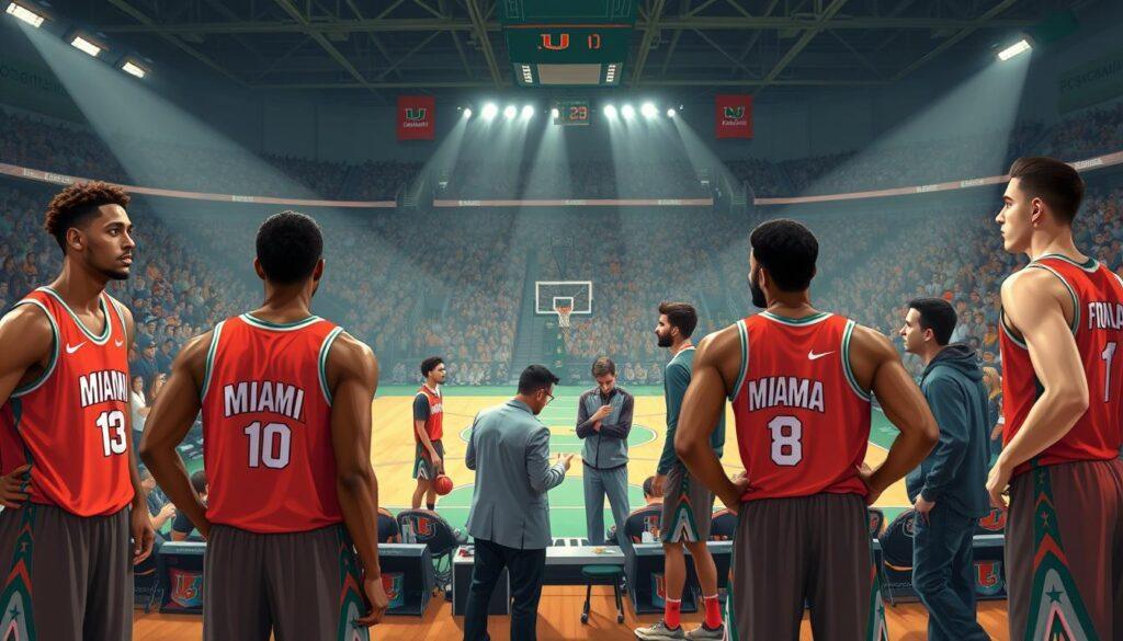 A vibrant and dynamic illustration of a Miami basketball lineup, featuring both players and a coach on the sidelines. In the foreground, three players are positioned in an athletic stance, wearing Miami Hurricanes uniforms, showcasing their concentration and readiness. In the middle ground, additional teammates strategize, discussing plays with enthusiastic gestures. The background reveals an indoor basketball court filled with fans, illuminated by bright arena lights casting dramatic shadows, creating a lively atmosphere. The perspective is slightly aerial, capturing the energy and intensity of the game while ensuring the players convey professionalism. The mood is one of anticipation and teamwork, highlighting the synergy between players as they prepare for a high-stakes game.