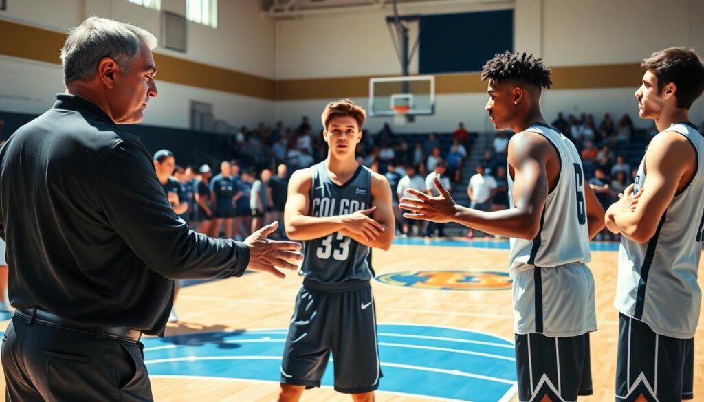 A vibrant basketball court scene showcasing player mentorship in action. In the foreground, a seasoned coach, dressed in a fitted polo and basketball shorts, demonstrates screen techniques to two attentive college athletes, both in practice jerseys. Dynamic angles of the players reflect a focus on short-roll passing and strategic positioning. The middle ground includes a half-court basketball setting with visible screens being set, creating a sense of movement and purpose. In the background, an audience of supportive teammates watches, with some taking notes. The lighting is bright and natural, mimicking midday sun, conveying an energetic and inspiring atmosphere. Emphasize the connection and teamwork between the mentor and mentees, highlighting the essence of skill development and learning in sports.