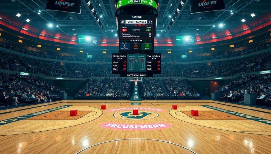 An analytical diagram showcasing "USF basketball rotation minutes analysis." In the foreground, a basketball court with a detailed tactical layout depicting player positions, colored blocks representing rotation minutes for each player, including true freshmen. In the middle, a modern digital display board highlights player statistics and comparisons, with vibrant colors to distinguish between different roles. The background features a vibrant sports arena filled with spectators, with soft stadium lighting reflecting an energetic atmosphere. The image captures a mood of anticipation and strategy, as if preparing for a crucial game. The perspective is slightly elevated, providing a comprehensive view of the court, emphasizing the analytical aspect of basketball rotations.