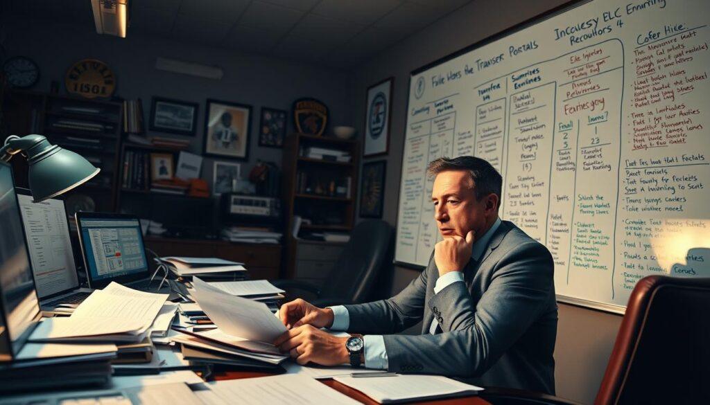 A college football coach, dressed in professional business attire, sits at a cluttered desk filled with papers, laptops, and scouting reports, intently analyzing data related to the transfer portal and summer enrollees. The foreground showcases the coach deep in thought, with a look of concentration on his face. In the middle ground, a large whiteboard filled with strategic diagrams, player statistics, and notes about potential recruits looms large. The background features a dimly lit office with football memorabilia, creating an atmosphere of urgency and focus. Soft, warm lighting enhances the serious mood, while an overhead angle emphasizes the coach’s dedication and the importance of roster strategy for the upcoming season.