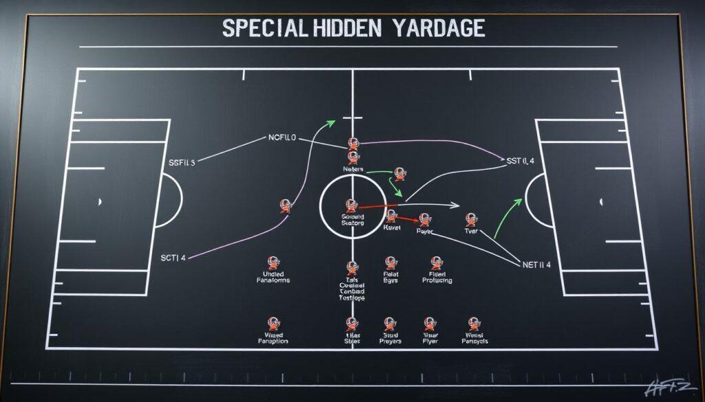 A detailed diagram illustrating Billy Napier's special teams strategy focused on hidden yardage. In the foreground, a tactical chalkboard featuring intricate play formations and arrows demonstrating player movements. The middle layer showcases various field position markers and special teams player icons, meticulously labeled to indicate roles and responsibilities. In the background, a stylized football field setting with yard markers and a subtle scoreboard providing context. Utilize bright, clear lighting to enhance visibility and comprehension of the diagram's components. The mood should be analytical and strategic, embodying a sense of preparation and insight. The perspective is a slightly elevated angle to capture depth and detail in the diagram's layout without any text or branding.