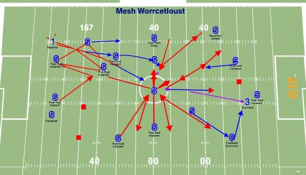 A detailed football play diagram illustrating the "mesh concept" from the Florida Gators playbook. The foreground features intricate routes and player positioning, including diagrams of receivers crossing paths and quarterback movement. In the middle, use clear, labeled arrows to show player movement and ball trajectory, with vibrant colors to distinguish different player roles. The background includes a stylized depiction of a football field, complete with yard markers and end zones, creating a sense of realism. Employ bright, focused lighting to highlight the diagram details, ensuring clarity of the concepts. The overall mood is dynamic and educational, conveying a sense of strategy and teamwork in football.