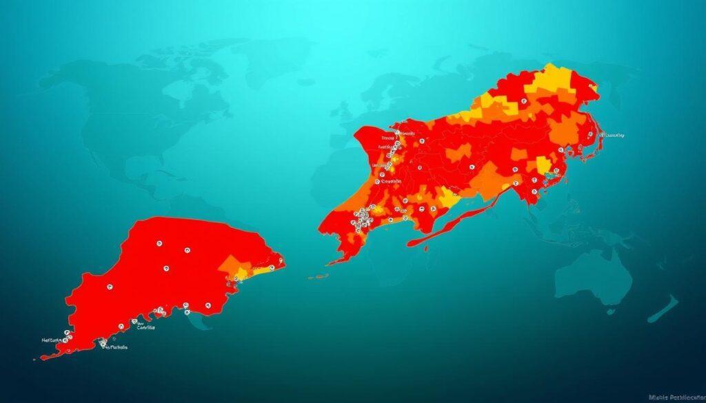 A detailed geographic heat map of Miami, showcasing the recruiting footprint of the Miami Hurricanes football team. The image should have vibrant colors indicating varying levels of recruitment activity, with bright red areas signifying strong in-state connections and cooler shades illustrating national outreach. In the foreground, include subtle icons or markers representing recruit locations, but keep them unobtrusive. The middle ground should feature a stylized outline of Florida, with Miami highlighted prominently to signify its central role. The background should be a soft gradient blending from blue to green, evoking a sense of depth and professionalism. Use clear, well-defined lines and a clean, modern aesthetic to enhance readability. The overall mood should be dynamic and engaging, suitable for analytical insights into college football recruiting strategies.