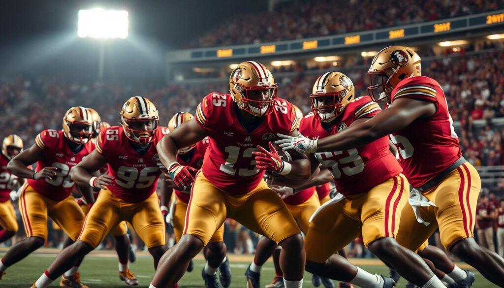 A dramatic football scene capturing the essence of the Florida State University defensive synergy, showcasing the front-seven players applying pressure on an opposing quarterback. In the foreground, a diverse group of muscular defenders in bright, modern FSU uniforms is attacking with intensity, their expressions focused and determined. The middle layer shows the secondary players, maintaining tight coverage on well-dressed wide receivers, reflecting athleticism and strategy. The background features a filled stadium with cheering fans, under floodlights that create a vibrant atmosphere. The image is shot from a low angle to emphasize the players’ dynamic movements and teamwork. The overall mood is electric and competitive, perfectly encapsulating the high-stakes nature of ACC football.