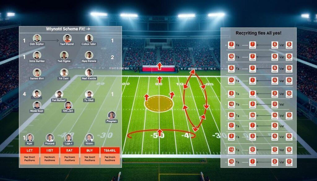 A dynamic and detailed diagram illustrating a college football playbook's scheme fit and depth chart analysis. In the foreground, depict a well-organized depth chart with player icons showcasing different positions, highlighting key athletes in Miami's recruiting class. The middle ground should feature a strategic play formation layout, incorporating arrows and lines to demonstrate player movements and tactical decisions, all vividly colored to enhance clarity. In the background, include a football field graphic representing a stadium environment, with subtle lighting casting a professional ambiance. The overall mood should reflect analysis and strategy, emphasizing the critical evaluation of player compatibility within the team’s framework. Ensure the image has no text or branding, maintaining a clean and academic appearance.