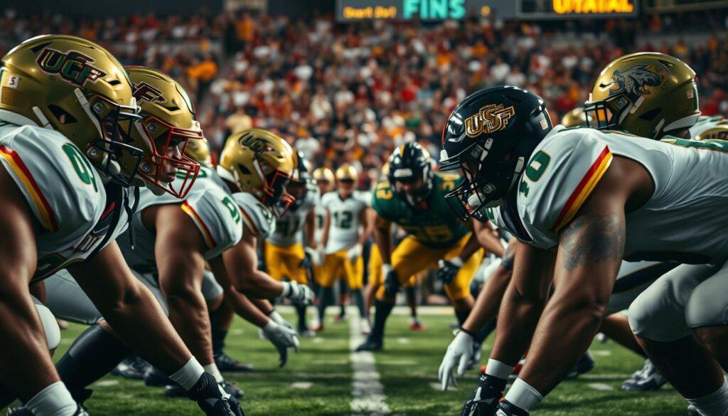 A dynamic college football scene depicting powerful linemen in the trenches during a tense moment of play. In the foreground, two focus athletes in protective gear, muscles tensed, are crouched in a low stance, ready to engage in battle. Their helmets reflect stadium lights, adding a dramatic glow. In the middle ground, a diverse group of linemen from UCF and USF are strategizing, their expressions intense, illustrating the mental aspect of the game. The background captures a packed stadium, with fans in varying team colors creating an electric atmosphere. The image is lit with bright spotlights, enhancing the sense of urgency and competition. The composition should evoke the gritty essence of football, emphasizing teamwork and the strategic depth of a game exemplified in the trenches.