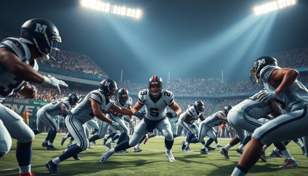 A dynamic scene showcasing a football game at a stadium, highlighting intense defensive plays as players in sleek, modern uniforms exert pressure on the quarterback. In the foreground, show the defensive players executing a coordinated blitz, their focused expressions showcasing determination. The middle ground features the quarterback, poised but under stress, scanning the field with defenders closing in. In the background, fans wearing team colors fill the stands, creating a vibrant atmosphere. The lighting is dramatic, with bright stadium lights illuminating the action, casting long shadows on the field. Use a low-angle shot to emphasize the intensity of the players and the movement of the game, capturing a sense of urgency and excitement in this pivotal moment of football strategy.
