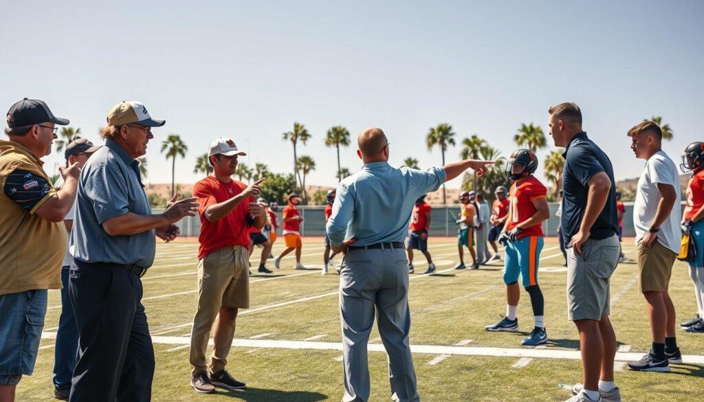 A dynamic scene showcasing high school football coaches and recruiters in South Florida, engaged in an animated discussion about talent scouting. In the foreground, a diverse group of coaches, dressed in professional attire, exchange enthusiastic gestures, pointing towards young athletes practicing on a football field. The middle ground features high school football players, practicing drills and showcasing their skills, with bright uniforms reflecting their school colors. The background captures palm trees and a clear blue sky, typical of South Florida. The lighting is warm and vibrant, highlighting the energy of the recruiting process. The atmosphere is one of excitement and determination, symbolizing the competitive nature of college recruiting in the Sunshine State.