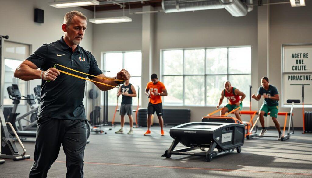 A dynamic strength and conditioning lab designed for elite Miami Hurricanes recruits, showcasing state-of-the-art equipment and facilities. In the foreground, a professional trainer demonstrates an advanced exercise using resistance bands, wearing a team-branded polo and athletic pants. In the middle ground, professional athletes are engaged in various conditioning workouts, utilizing cutting-edge machinery like weighted sleds and agility ladders, all in team colors. The background features large windows allowing natural light to flood in, with framed motivational quotes on the walls. The scene captures an energetic and focused atmosphere, highlighting dedication to body re-composition and performance enhancement. Use soft lighting to create an inspirational and energetic mood, with a wide-angle lens to encompass the entire workout space.