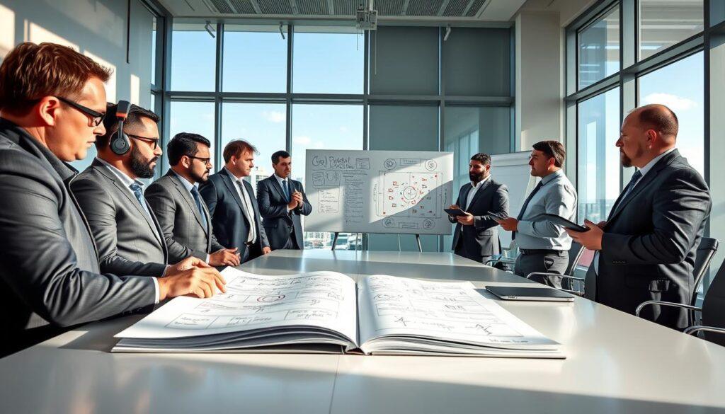 A professional Miami football strategy meeting taking place in a bright, open conference room. In the foreground, coaches, dressed in smart business attire, are intensely analyzing a large, detailed playbook on a sleek table. They are engaged in discussion, with one pointing to a specific play while others take notes on tablets. The middle scene features a large whiteboard covered with tactical diagrams and notes, creating an atmosphere of collaborative strategy. The background reveals floor-to-ceiling windows showing a sunny Miami skyline, enhancing the energy of the scene. Soft, diffused natural light illuminates the room, creating a focus on the coaches and their assets while casting subtle shadows that add depth. The mood is focused and dynamic, emphasizing teamwork and strategic planning.