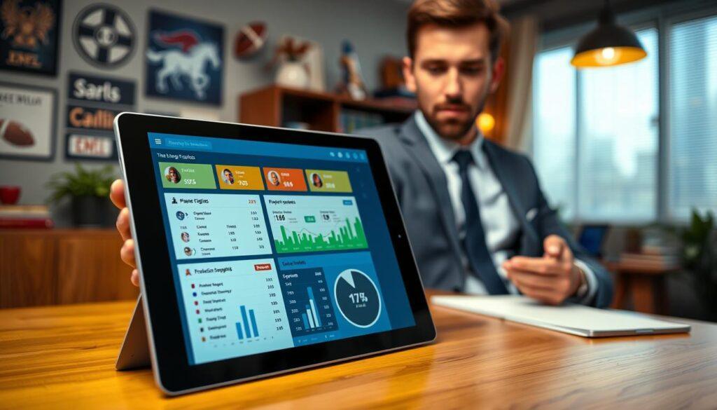 A sleek, modern tablet displaying a vibrant college football player stats and analytics dashboard. The foreground features a clear view of the tablet's screen, showcasing detailed graphs and player profiles, including stats like position, eligibility, and production snapshots. In the middle ground, a professional individual in business attire holds the tablet, focused on analyzing the data. The background depicts a cozy office environment with sports memorabilia and a subtle glow from warm, ambient lighting. The composition emphasizes clarity and professionalism, creating an engaging atmosphere for sports analytics. The angle is slightly elevated, capturing both the tablet and the individual’s expression of concentration, all in a safe-for-work context.