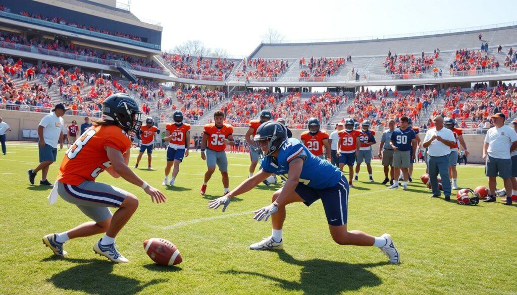 A vibrant college football spring practice scene capturing position battles among a group of diverse, focused athletes on a grassy field. In the foreground, two young players, one in a bright orange jersey and the other in a blue jersey, are intensely competing for the football during a drill, showcasing their determination and athleticism. The middle ground features other players engaged in various practice drills, with coaches observing and shouting instructions, emphasizing teamwork and strategy. In the background, a stadium filled with enthusiastic fans and supportive teammates creates an electrifying atmosphere under the bright midday sun, casting dynamic shadows. The image is taken with a wide-angle lens to capture the action from a slightly elevated perspective, enhancing the sense of competition and excitement.