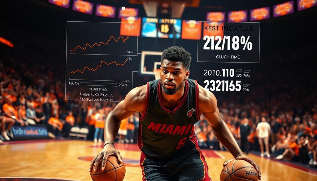 A dynamic basketball court scene showcasing Jimmy Butler during a clutch moment against the New York Knicks. In the foreground, Butler is sharply focused, dribbling the ball, wearing a sleek Miami Heat uniform. His expression is intense, reflecting the high stakes of the moment. In the middle ground, vibrant shot charts and statistics float around him, emphasizing analytics like shot percentages and foul drawing stats during clutch time. The background features a blurred silhouette of cheering fans in Knicks colors, illuminated by stadium lights, creating an electrifying atmosphere. The image is captured from a low angle, adding drama and tension to the scene, with warm lighting highlighting Butler's determination. The mood is intense and competitive, embodying the Heat-Knicks rivalry.