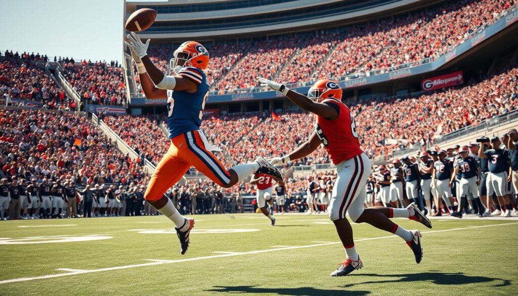 A dynamic football scene depicting the intense Florida vs. Georgia rivalry, capturing a pivotal moment during a game-changing play. In the foreground, a Florida Gators player in vibrant blue and orange uniform is mid-action, leaping to catch a football, with determination on his face. In the middle ground, a Georgia Bulldogs player in red and black, attempting a tackle, displays a fierce expression, showcasing the rivalry's intensity. The background features a packed stadium, filled with fans wearing team colors, waving flags, and expressing excitement. The lighting is bright, evoking a sunny afternoon, with the sun casting long shadows on the field. The angle captures the play from a low perspective, emphasizing the athletes’ athleticism and the urgency of the moment, creating an electrifying atmosphere that embodies the spirit of this legendary rivalry.
